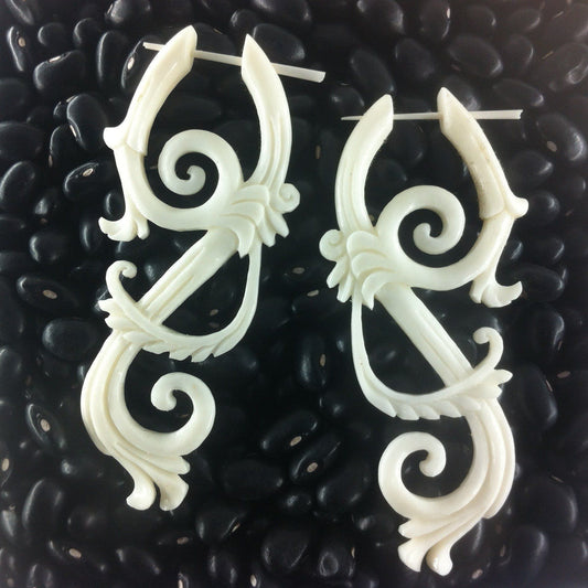 Large Carved Jewelry and Earrings | bone-earrings-Bohemian Lace. Hippie Earrings.-er-80-b