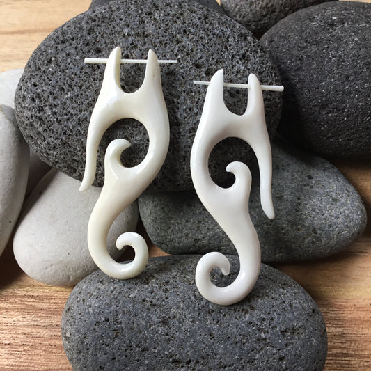 Long Carved Jewelry and Earrings | Bone Jewelry :|: Drop Spiral Earrings. Carved Bone Jewelry, Tribal. | Bone Earrings