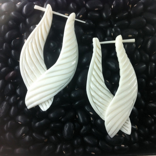 Feather Carved Jewelry and Earrings | bone-earrings-Feathered Twist. White Earrings, bone.-er-215-b