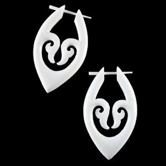 Long Hawaiian Bone Earrings | bone-earrings-Ocean Goddess. White Earrings. Carved Bone, Natural.-er-75-b