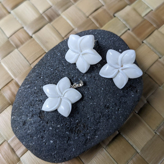 Plumeria Flower Jewelry | bone-earrings-Plumeria Earrings and Necklace set. White, bone.-1 set np-ff1-b_se-ff1-b_set