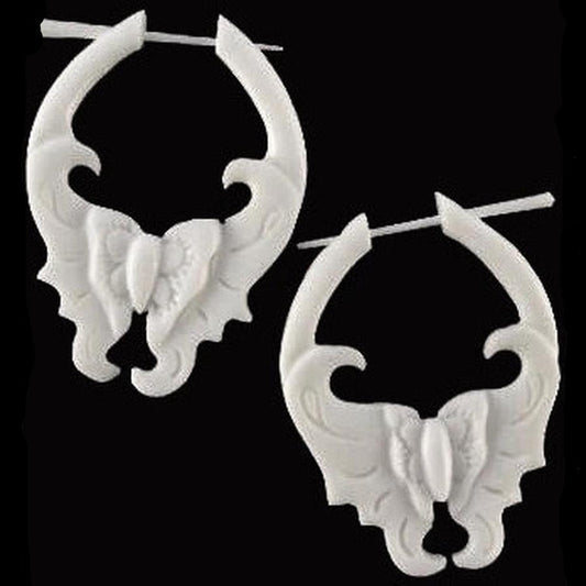 Boho Bone Jewelry | bone-earrings-White Butterfly Earrings. Hand carved bone.-er-73-b