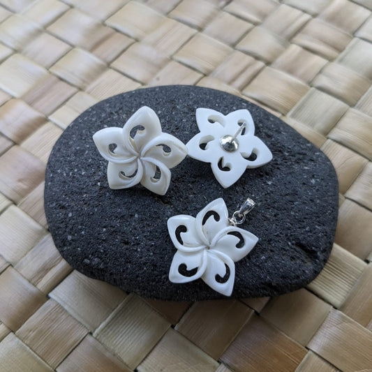 Hawaiian Flower Jewelry | bone-earrings-White Flower Earring and Necklace set.-1 set np/se-ff2-b