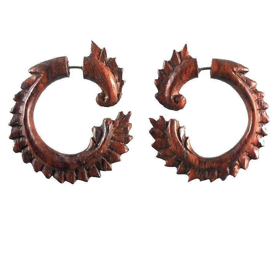 Large hoop Earrings for Sensitive Ears and Hypoallerganic Earrings | Fake Gauges :|: Dragon Tail. Fake Gauges. Natural Rosewood, Wood Jewelry. | Tribal Earrings