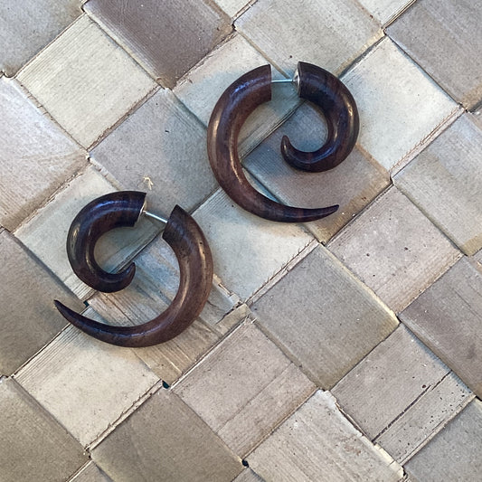 Faux gauge Tribal Earrings | Island Spiral of Life. Fake Gauges, wood.