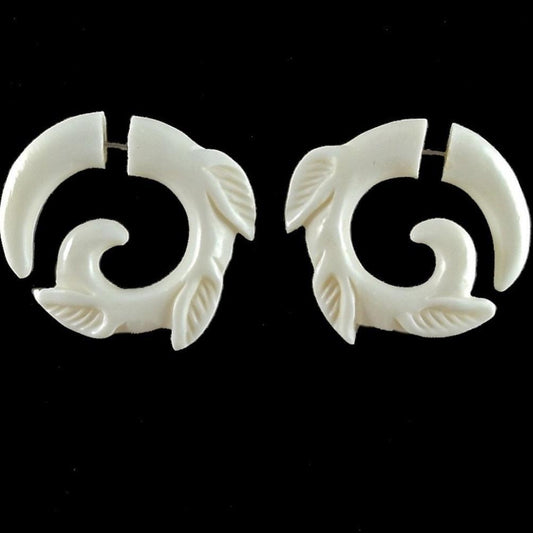 Buffalo bone Fake Gauges | Body Jewelry | Faux Gauge Earrings | Tribal Earrings :|: Leaf Spiral. Bone Tribal Earrings