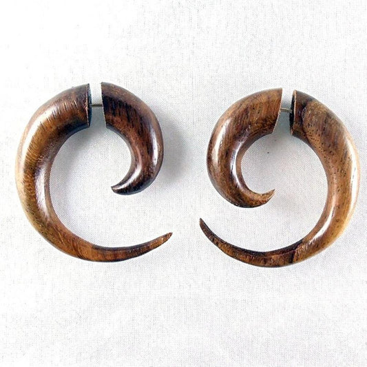 Large Tribal Earrings | Fake Gauges :|: Maori Spiral of Life. Fake Gauges. Natural Rosewood, Wood Jewelry. | Tribal Earrings