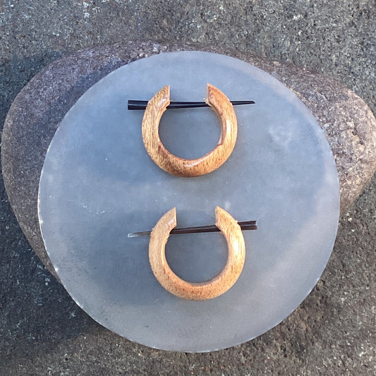 Silver posts Hoop earrings | Teak wood hoop earrings.