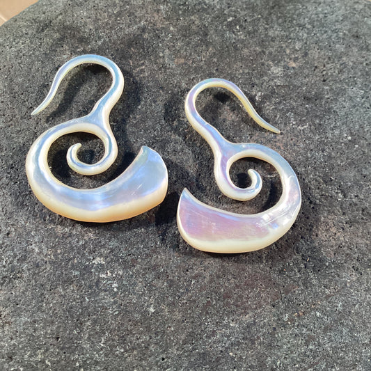 Carved Gauge earrings | Borneo Spirals. mother of pearl 12g, Organic Body Jewelry.