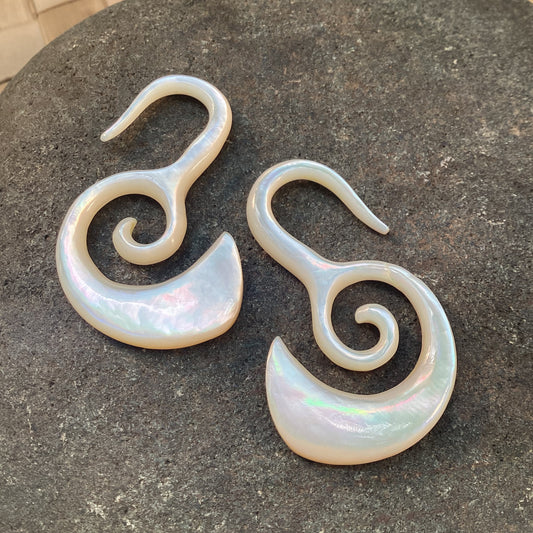 Tribal gauged earrings | Borneo Spirals. mother of pearl 8g, Organic Body Jewelry.