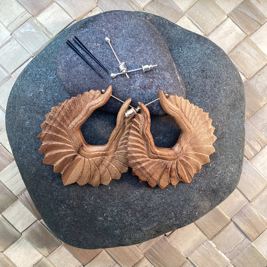 Metal Large Hoop Earrings | Sun Burst, Teak wood earrings