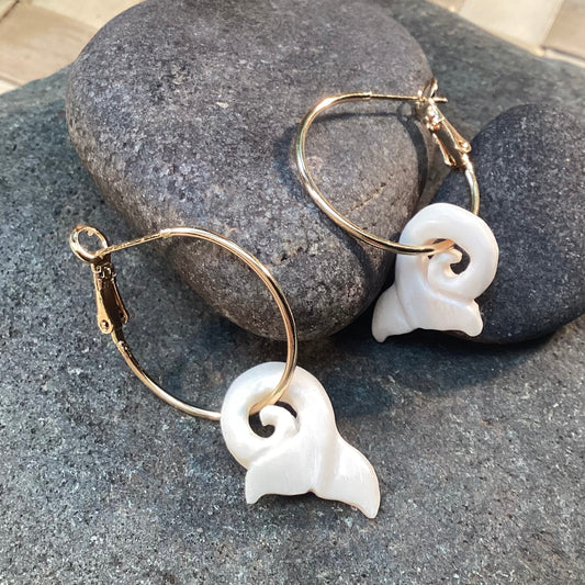 Stainless steel Hoop Earrings | Hoop earrings with whale tail charm. 22k gold stainless and carved bone.
