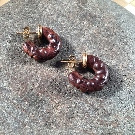 Huggie hoop Stud earrings | Sculpted ebony wood hoop stud earrings, 22k gold stainless or surgical steel setting