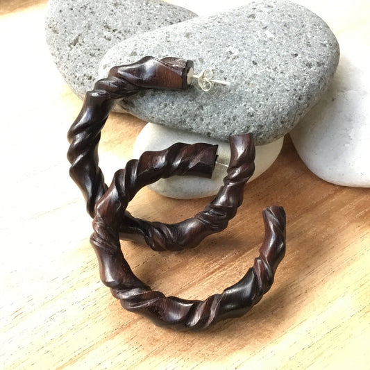 Hoop Earrings, wood twist spiral on stud.Hoop earrings, wood twist spiral on silver stud.