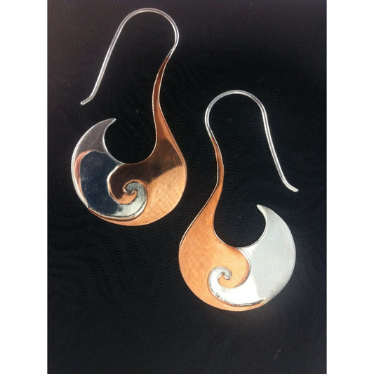 Spiral Tribal Silver Earrings | Tribal Earrings :|: Balance. sterling silver with copper highlights earrings. | Tribal Silver Earrings