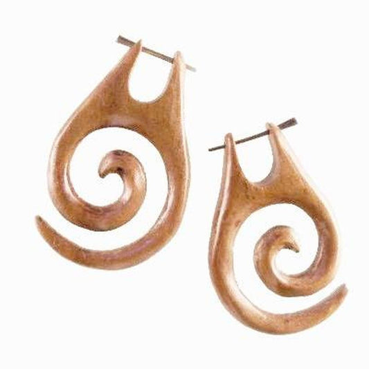 Hanging Hawaiian Jewelry | Spiral Jewelry :|: Maori Spiral. Wood Earrings. Tropical Sapote, Handmade Wooden Jewelry. | Wood Earrings