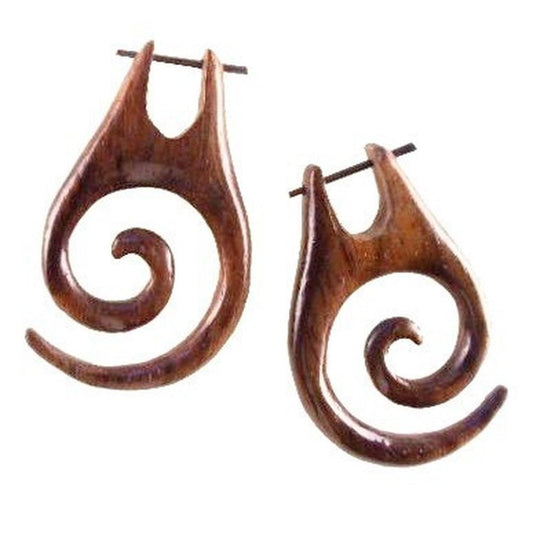 Large hoop Spiral Earrings | Wood Earrings :|: Maori Spiral Earrings, Rosewood. Wooden Jewelry. | Spiral Jewelry 
