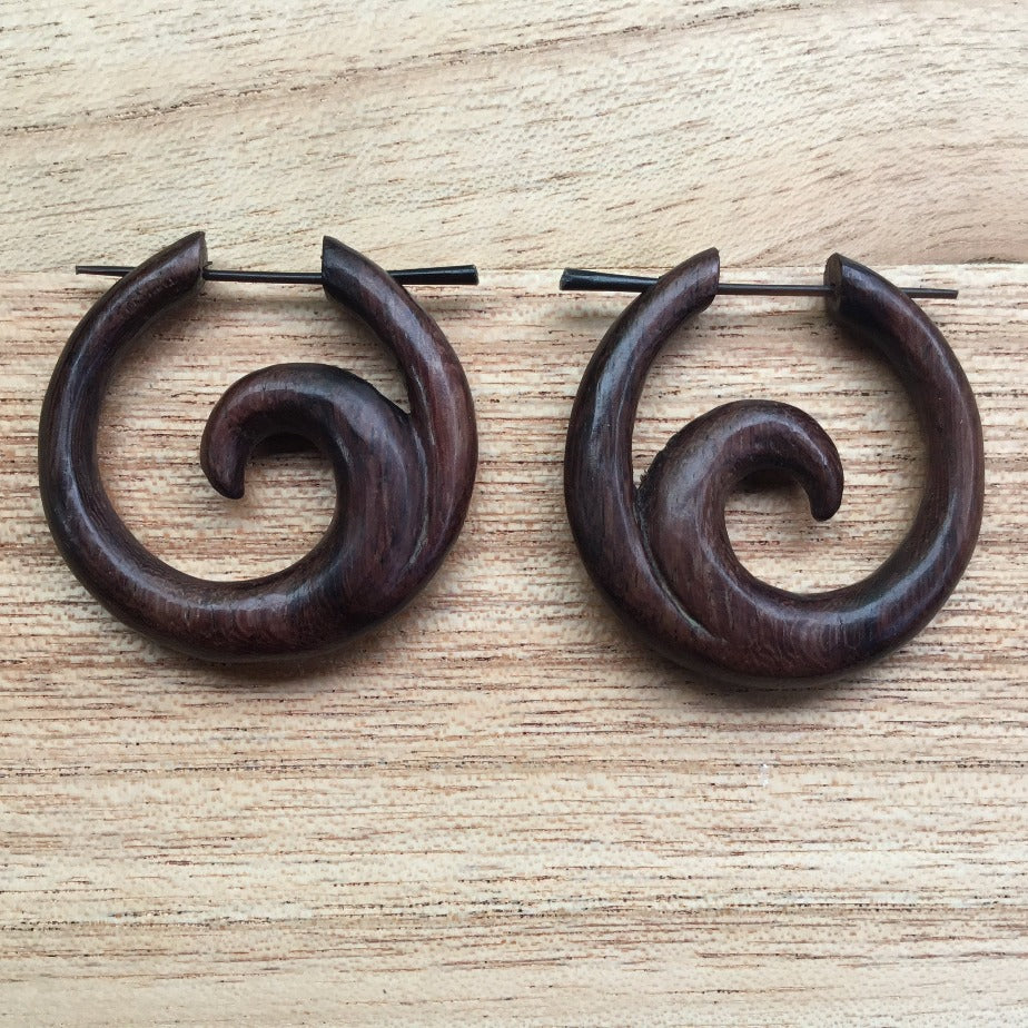 ocean wave earrings, rosewood, spiral hoops