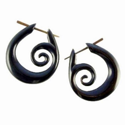 Hypoallergenic Horn Jewelry | Horn Jewelry :|: Spiral Hoops. Tribal Earrings, black.