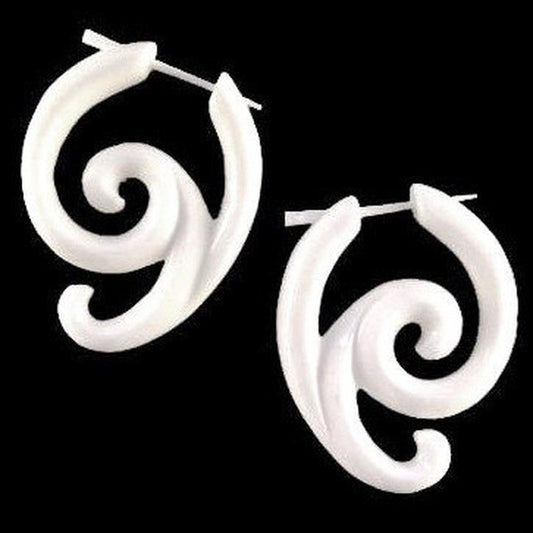 Spiral White Earrings | Tribal Earrings :|: Bone Earrings, 1 1/4 inches W x 1 1/2 inches L.