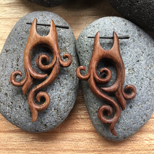 Hibiscus wood Long Earrings | boho all wood earrings, long spiral