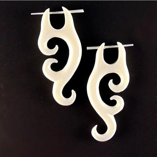 Peg Tribal Earrings | Bone Jewelry :|: Artemis. Hanging white earrings, Spiral hippie. Bone Natural Jewelry.