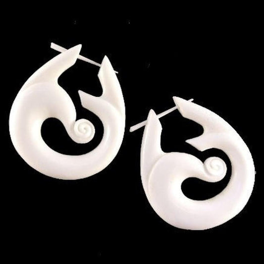 Large hoop Bone Earrings | bone-earrings-Pacific Coast Tribal Earrings. Real carved bone. White.-er-53-b