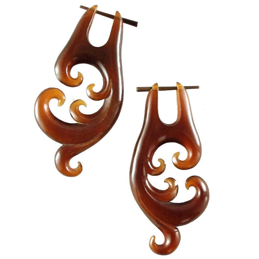 Buffalo horn Tribal Earrings | long amber spiraling earrings