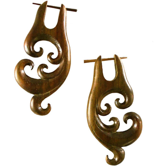 Long Wood Earrings | Natural Jewelry :|: Spectral Swirl, Rosewood Earrings. 1 inch W x 2 1/4 inch L. | Wood Earrings