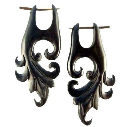 Spiral Wood Earrings | Wood Earrings :|: Dragon Vine. Black Wood Earrings. 1 1/4 inch W x 2 1/8 inch L. | Wood Earrings