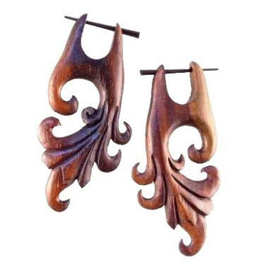 Rosewood Wooden Earrings | Wood Earrings :|: Dragon Vine. Wooden Earrings. 1 1/4 inch W x 2 1/8 inch L. Rosewood | Wooden Earrings