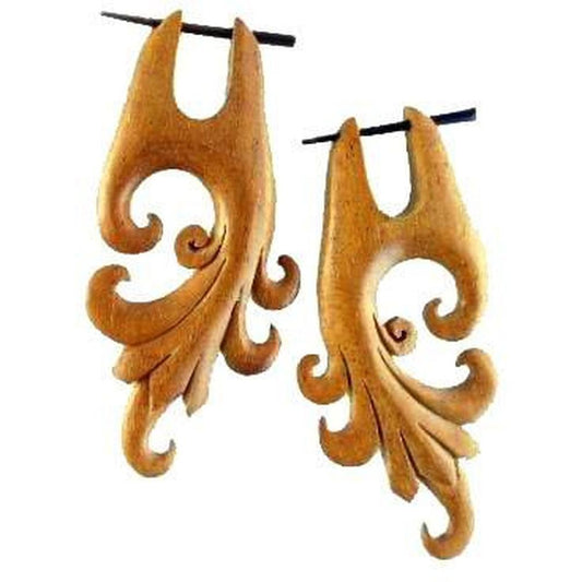 Hibiscus  Tribal Earrings | Wood Earrings :|: Dragon Vine. Hibiscus Wood Earrings. 1 1/4 inch W x 2 1/8 inch L. | Wood Earrings