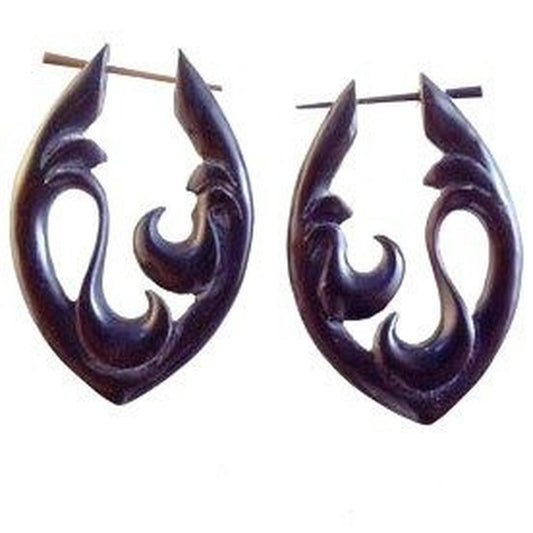 Crescent Horn Earrings | Elongated Black Pointed Hoop Earrings. Tribal Island Jewelry
