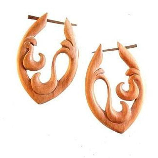 Hawaiian Wooden Earrings | Waterfalls. Long Pointed Hoop Earrings. Wood, Sculpted Jewelry.