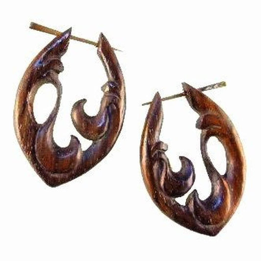 Sculpted Wood Earrings | Tribal Long Pointed Hoop Rosewood Earrings. Swirl, Spiral