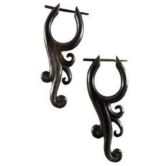 Buffalo horn Organic Earrings | Long Black Earrings. Flowing Spirals. natural