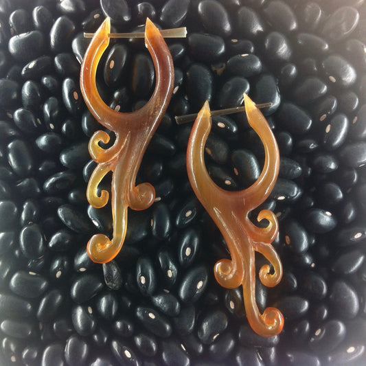 Dangle Spiral Earrings | Horn Jewelry :|: Vine. Amber Horn. Tribal Earrings. | Amber Horn Earrings