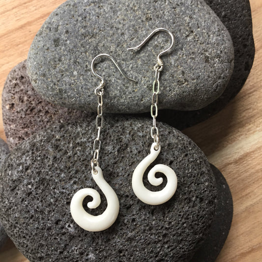 Metal Long Earrings | Spiral dangle earrings, white bone and silver. french hook.