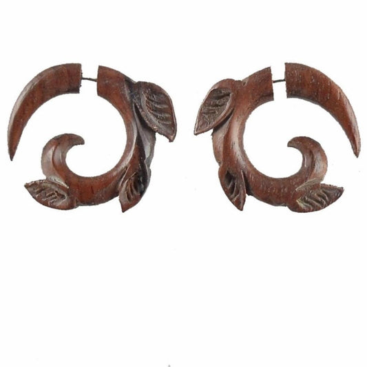 Wooden Spiral Earrings | Fake Gauges :|: Leaf Spiral. Tribal Earrings.
