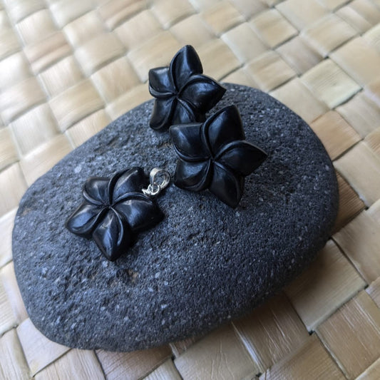 Frangipani Flower Jewelry | Black Earrings :|: Black Flower Stud Earrings and Necklace set.