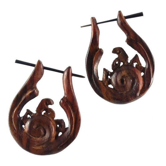 Carved Wood Earrings | Natural Jewelry :|: Spiral Fire. Wooden Earrings, rosewood. 1 1/8 inch W x 1 1/2 inch L. (seconds) | Wood Earrings