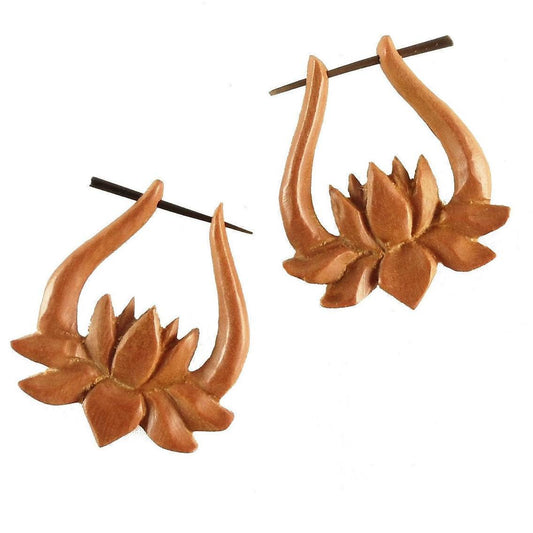 Drop Flower Earrings | Natural Jewelry :|: Unfolding Lotus, Sapote Wood Earrings. | Wooden Earrings