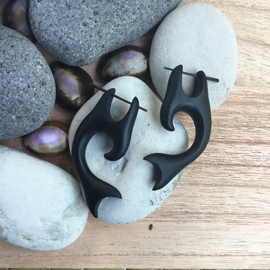 Nature inspired Wooden Earrings | carved whale tail earrings, black.