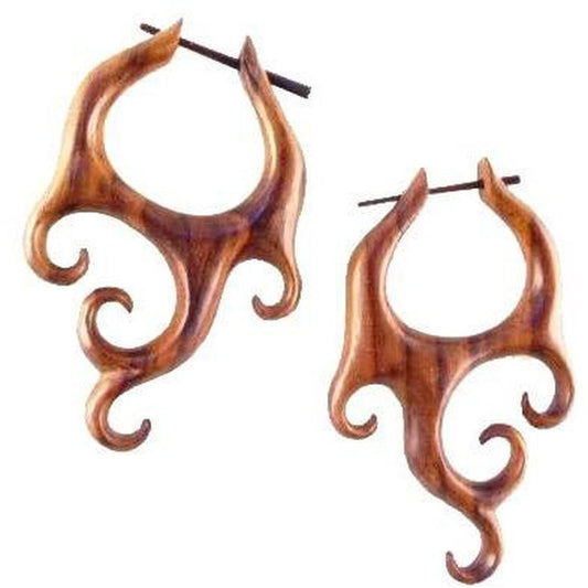 Boho Tribal Earrings | Goddess Wings, Natural Rosewood. Tribal Hoop Earrings