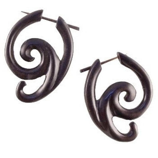 Organic Wood Earrings | Natural Jewelry :|: Swing Spiral. Black Wood Earrings, 1 1/4 inch W x 1 1/2 inch L. | Wood Earrings