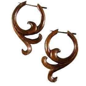 Carved Earrings for Sensitive Ears and Hypoallerganic Earrings | Tribal Earrings :|: Rosewood Earrings, 1 1/8 inches W x 1 3/4 inches L. | Boho Earrings