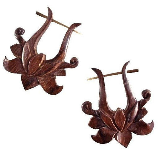Water lily Wood Earrings | Natural Jewelry :|: Lotus Rose. Wooden Earrings, Rosewood. 1 1/2 inch W x 1 1/2 inch L. | Wood Earrings