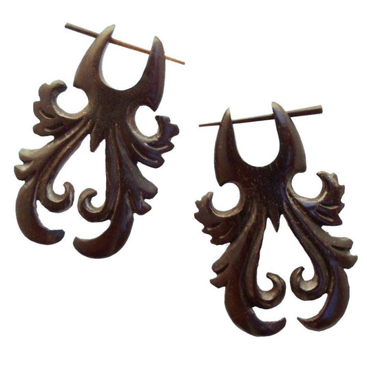 Hypoallergenic Black Earrings | Wood Jewelry :|: Tribal Dawn Steam, Black. Wooden Earrings.