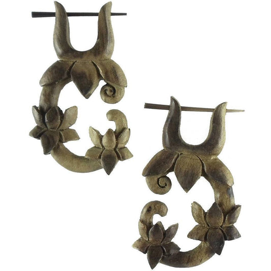 Black Wood Earrings | Natural Jewelry :|: Lotus Vine. Green Hibiscus. Wooden Earrings. | Wood Earrings