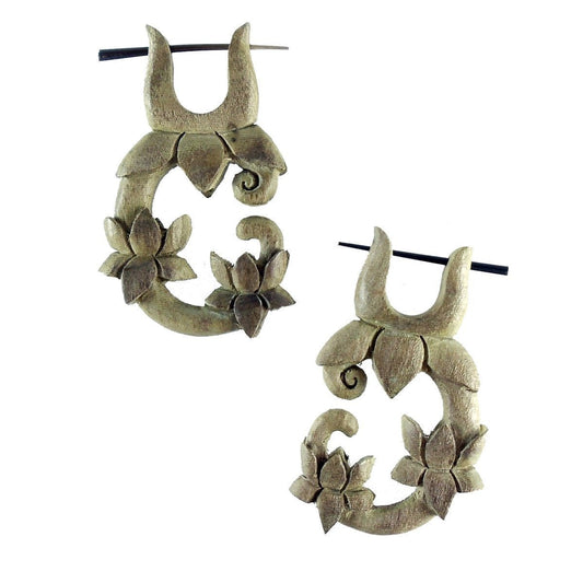 Hibiscus wood Lotus Earrings | Wood Earrings :|: Lotus Vine. Hibiscus Wood Earrings, 1 inch W x 1 3/4 inch L. | Wood Earrings